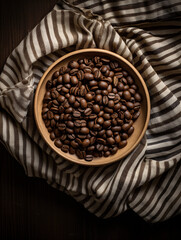 Fototapeta premium Chocolate - covered espresso beans on a vintage coffee saucer, textured burlap background, 5K, overhead shot