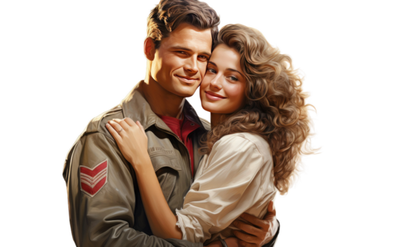 Realistic Army Homecoming with Beautiful Wife on a Clear Surface or PNG Transparent Background.