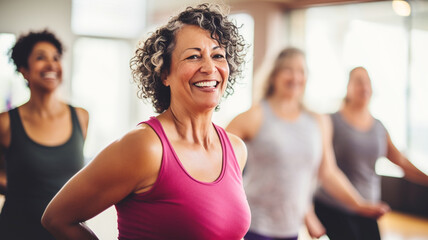 Aged woman dancing happily with other women during joyful group training in studio. Candidly expressing their active lifestyle.
