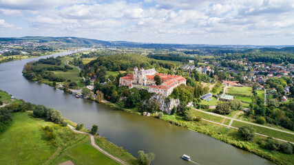 View from the drone of the Tyniec Abbey and the Vistula River. Poland