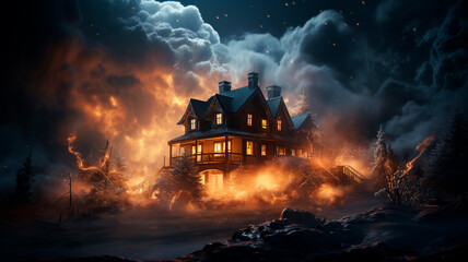 house with burning fire in the forest. halloween background. horror art.