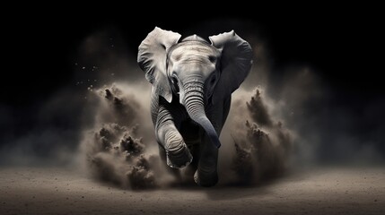 Young elephant running on dust dark view. AI generated image