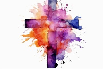 Watercolor design of a Christian cross during the Lent season. Generative AI
