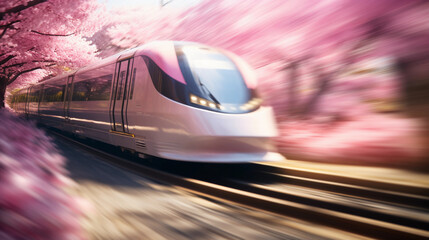 Japanese bullet train speeding through a tunnel of cherry blossoms, springtime, intense motion blur