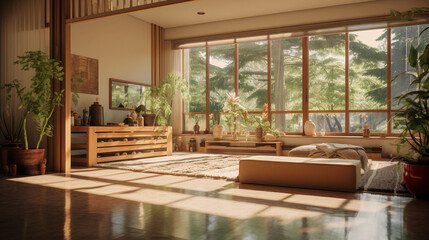 Fototapeta premium Feng Shui living room, wood elements, water fountain, airy and uncluttered, earth tones, bamboo plants, natural light streaming in through large windows