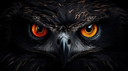 Close up view of wild owl isolated on black background. AI generated image