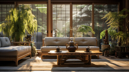 Feng Shui living room, wood elements, water fountain, airy and uncluttered, earth tones, bamboo...