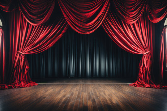 Magic theater stage red curtains Show Spotlight. High quality photo