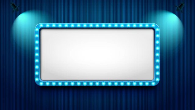 Theater cinema sign on blue curtains with spotlight. 4k animation.