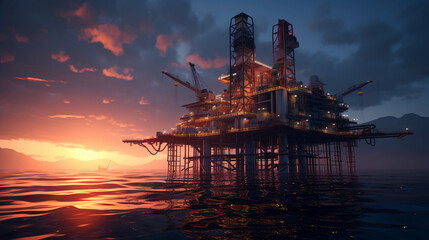offshore oil rig at sunset, glistening water, heavy machinery detailed, vibrant sky painted with...