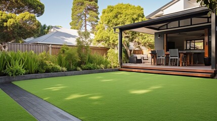 Obraz premium Contemporary Lawn Turf with Wooden Edging in Front Yard of Modern Australian House. Artificial Grass with Clean Design and Boundary Decoration