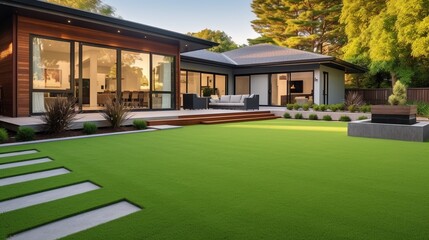 Contemporary Lawn Turf with Wooden Edging in Front Yard of Modern Australian House. Artificial Grass with Clean Design and Boundary Decoration - obrazy, fototapety, plakaty