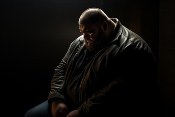 Old obese man looks stressed on dark background, with copy space.