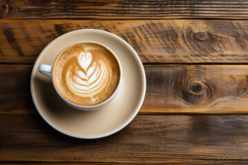 Coffee cup top view on old wooden table background. High quality photo