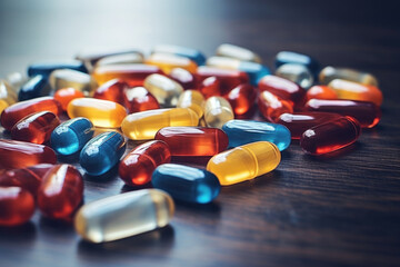 Pile of colorful medical pills on abstract background. Different types of antibiotic tablets or vitamins, close up - obrazy, fototapety, plakaty