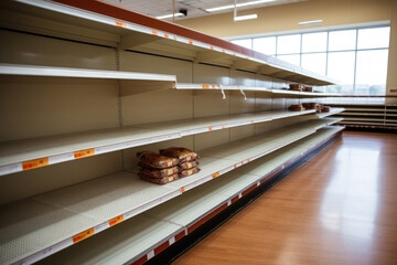 Shortage of goods and food deficit concept. Empty shelves in supermarket. Supply chain disruption due to war and sanctions - obrazy, fototapety, plakaty