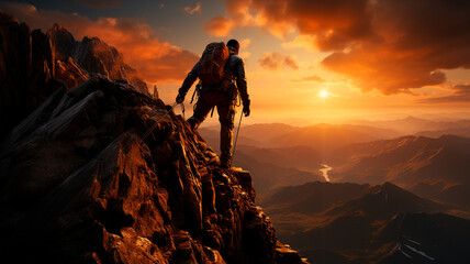hiker man on top of mountain with sunset background