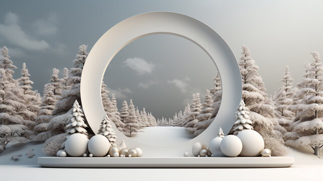 Winter scene with white podium and round arch. 3D rendering. Mockup of Christmas winter scene. Generative AI.
