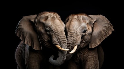 Elephants showing affection in each other dark background. AI generated image