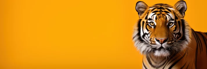 Foto auf Acrylglas Antireflex Beautiful tiger on orange background, wide horizontal panoramic banner with copy space, or web site header with empty area for text. © Sunny_nsk