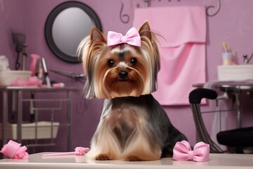 Yorkshire terrier dog after a haircut sits on a table in a grooming salon, pink cute luxury background.