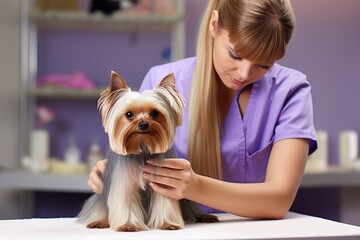 Dog gets hair cut at Pet Spa Grooming Salon. Closeup of Dog. the dog has a haircut. comb the hair. pink background. groomer concept.