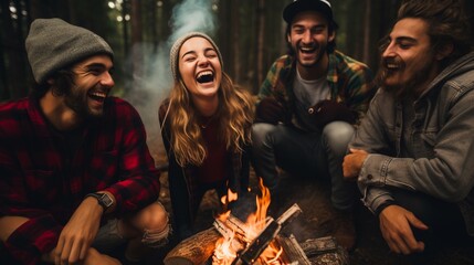 Obraz premium Joyous group of young friends laughing and bonding around a campfire, embodying friendship and fun during a wilderness camping adventure.