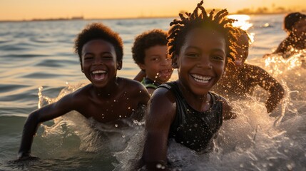 A group of enthusiastic young African American boys playing and splashing in sunshine sea water, boys having fun on the beach. - obrazy, fototapety, plakaty