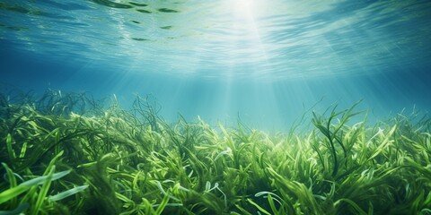 Fototapeta na wymiar Underwater background of green sea grass and blue water
