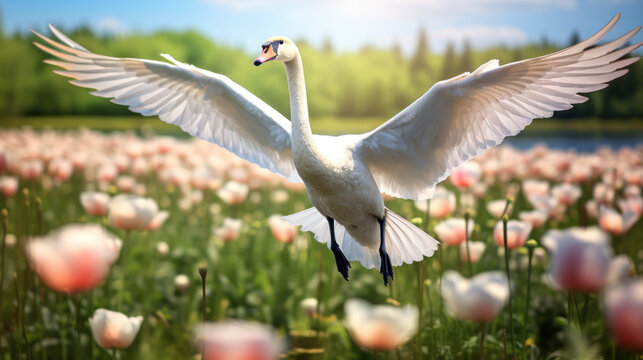 Beautiful flying white swan on spring flowers background.