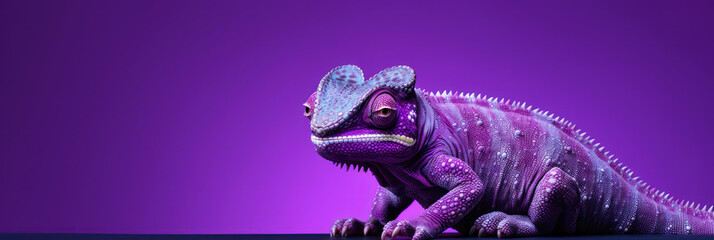 Beautiful violet chameleon on purple background, wide horizontal panoramic banner with copy space, or web site header with empty area for text.
