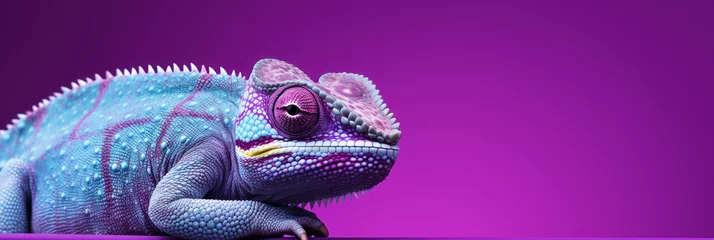 Foto op Plexiglas Beautiful violet chameleon on purple background, wide horizontal panoramic banner with copy space, or web site header with empty area for text. © Sunny_nsk
