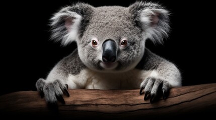 Funny little koala animal isolated black background. AI generated image - obrazy, fototapety, plakaty