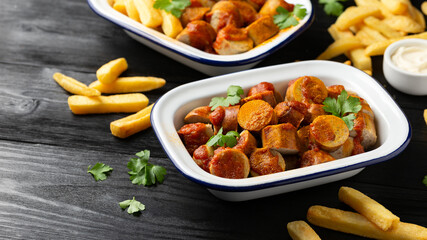 Traditional German currywurst, served with potato chips and sauce