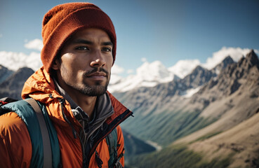 portrait of handsome young mountaineer with beautiful scenery in the background