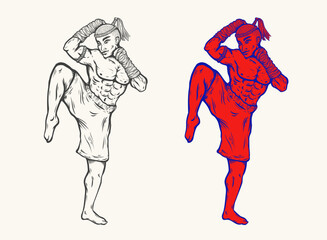 Vector illustration of Thai fighter for fighting club. Vector illustration of fighter for Muay Thai club. Martial art.