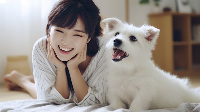 Asian women playing with funny dog. AI generated image