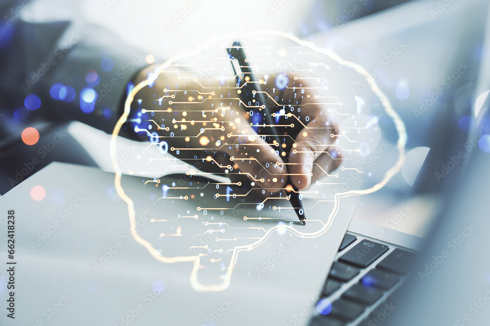 Poster creative artificial intelligence concept with human brain sketch and hand writing in diary on backgr