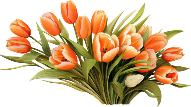  orange tulips on transparent background.