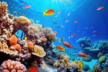 Obraz na płótnie Canvas Underwater with colorful sea life fishes and plant at seabed background, Colorful Coral reef landscape in the deep of ocean. Marine life concept, Underwater world scene.