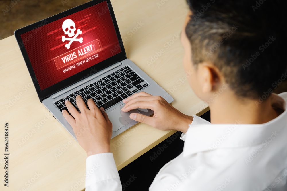 Poster virus warning alert on computer screen detected modish cyber threat , hacker, computer virus and mal