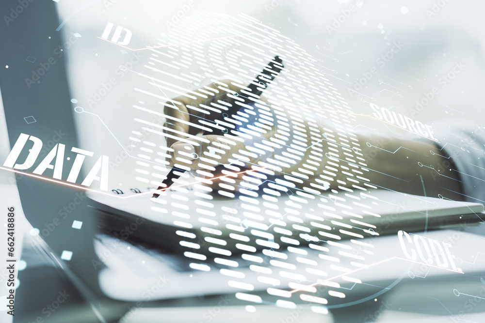 Aufkleber Double exposure of abstract creative fingerprint hologram with hand writing in notebook on background with laptop, research and development concept