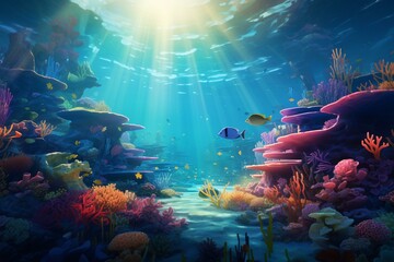 An underwater scene with sunlight filtering through the water onto a vibrant coral reef and small fish swimming amidst climate changes. Generative AI - obrazy, fototapety, plakaty