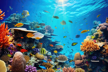 Underwater with colorful sea life fishes and plant at seabed background, Colorful Coral reef landscape in the deep of ocean. Marine life concept, Underwater world scene. - obrazy, fototapety, plakaty