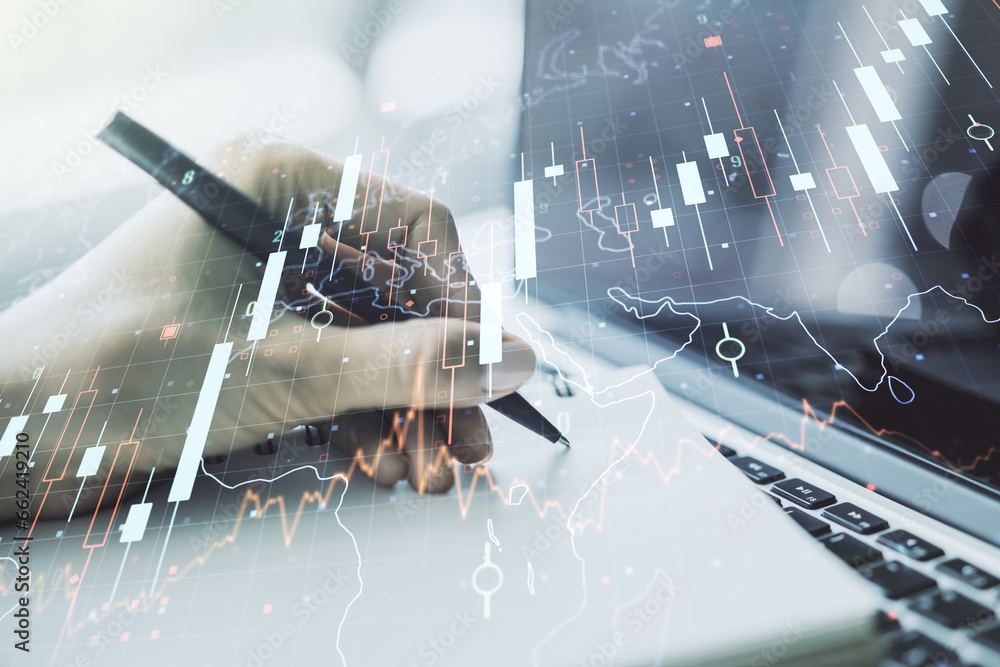Poster double exposure of abstract creative financial diagram with world map and with hand writing in notep