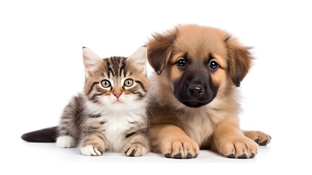 Cat and dog sit down together isolated white background. AI generated image
