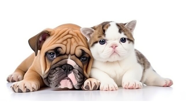 Cat and bulldog sit down together isolated white background. AI generated image