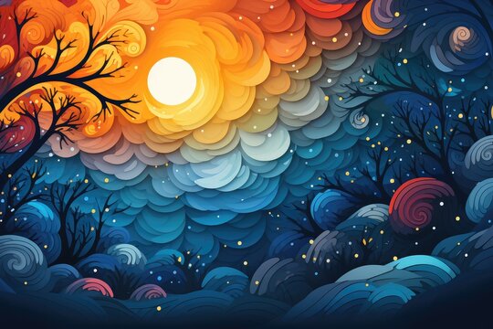 Night forest with moon and stars. Abstract background for Winter Solstice. 