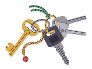 Bunch of keys. Hand drawn house or apartment keys with keyring and keychain flat vector illustration. Real estate entrance locking keys