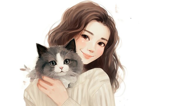 Little girl embracing a funny cat. AI generated image